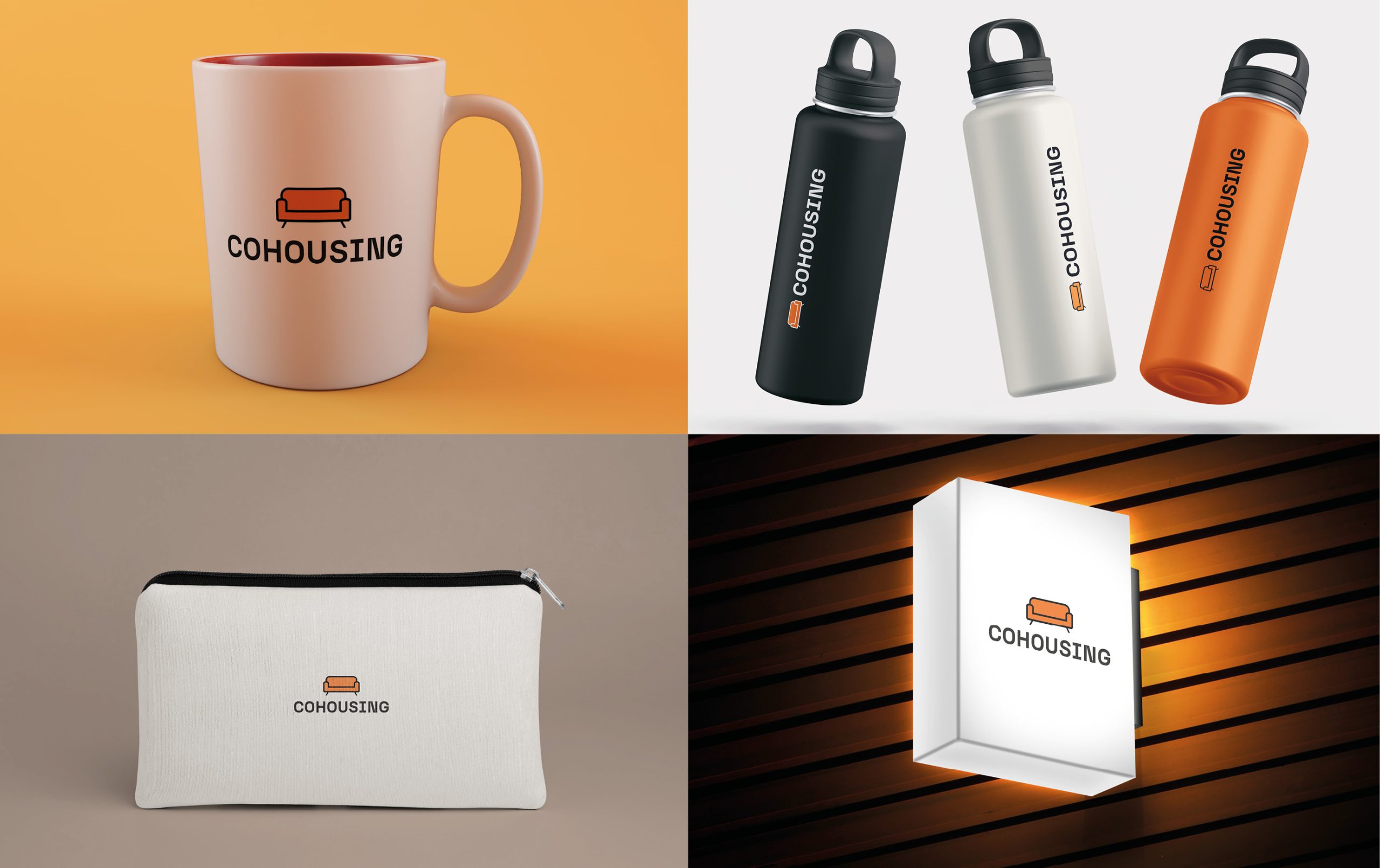 una taza, botellas metálicas, un neceser y un rótulo de merchandising de una marca