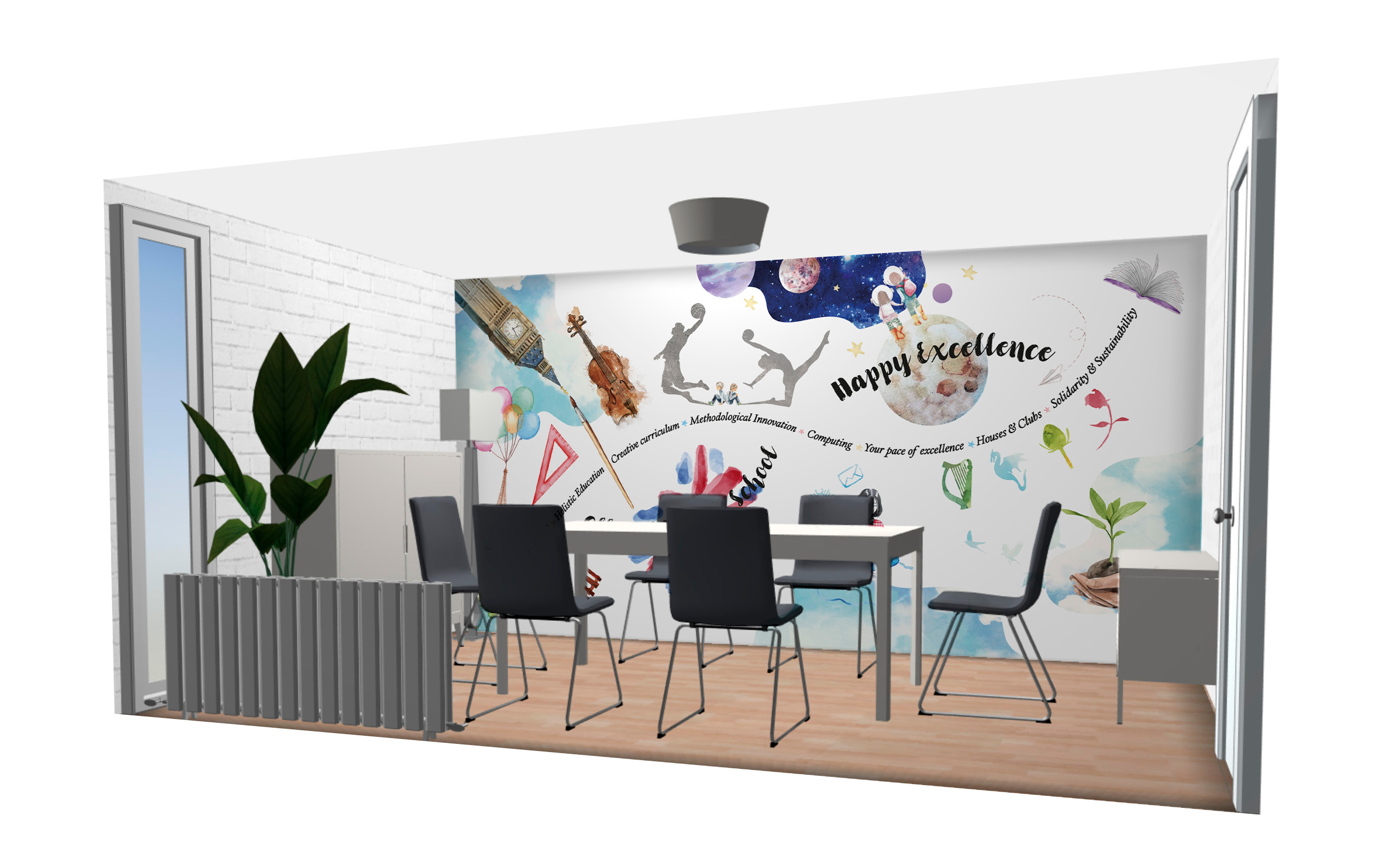 maqueta 3D de la decoración de una sala de visitas de un colegio