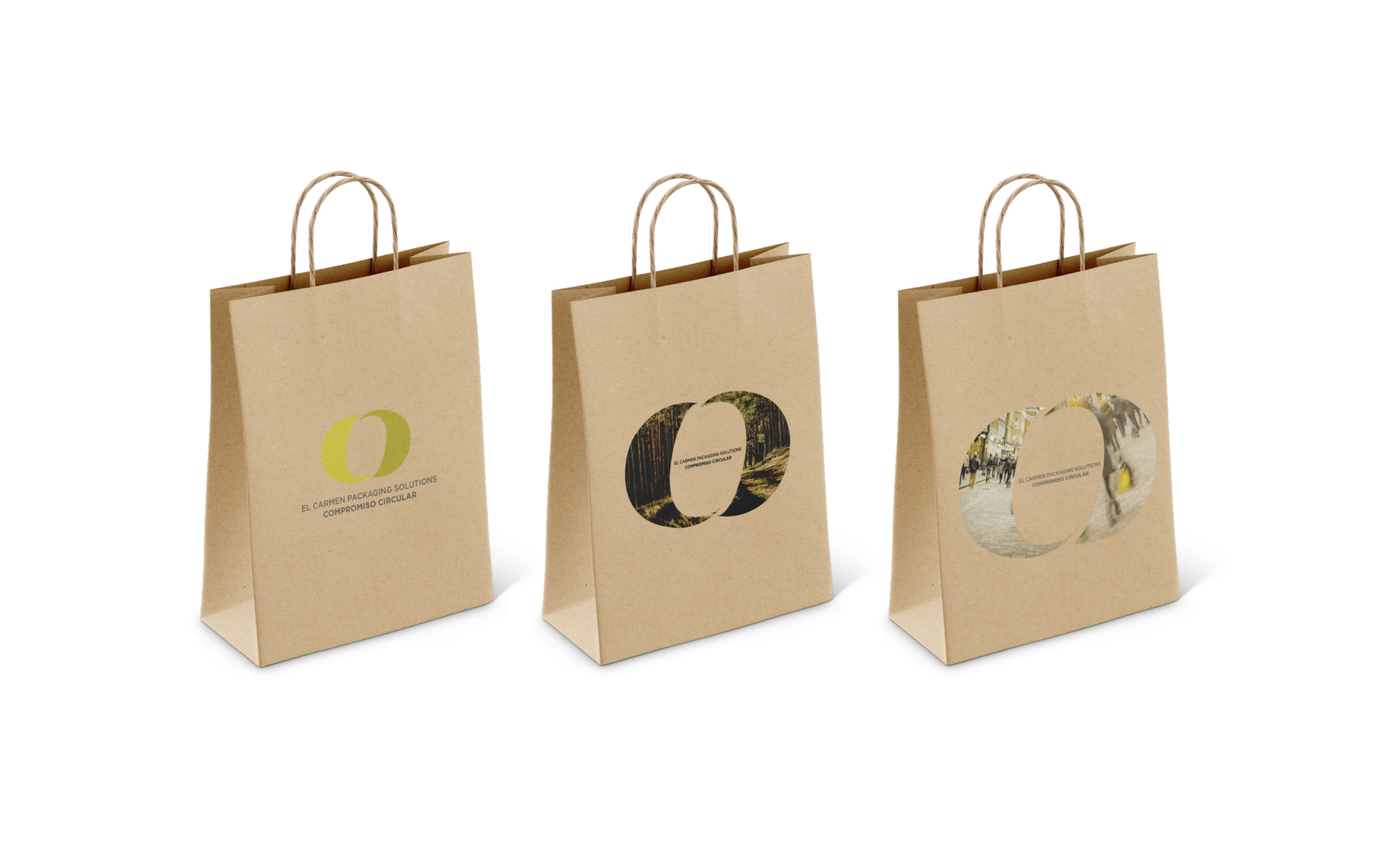 tres bolsas de papel con diseño