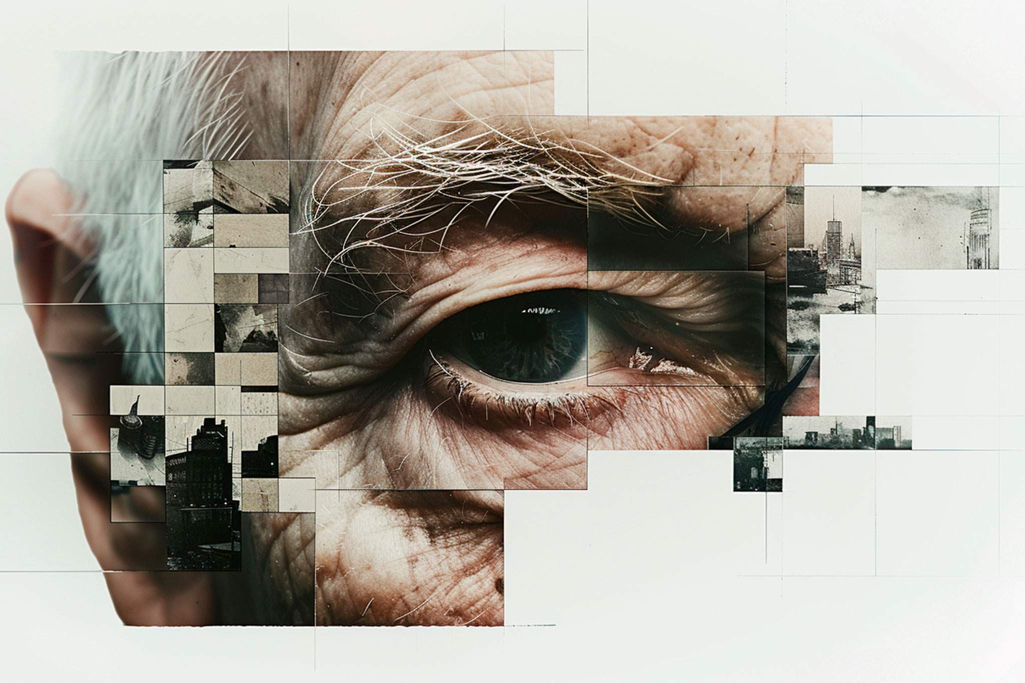 collage de la mirada de un anciano creado con inteligencia artificial