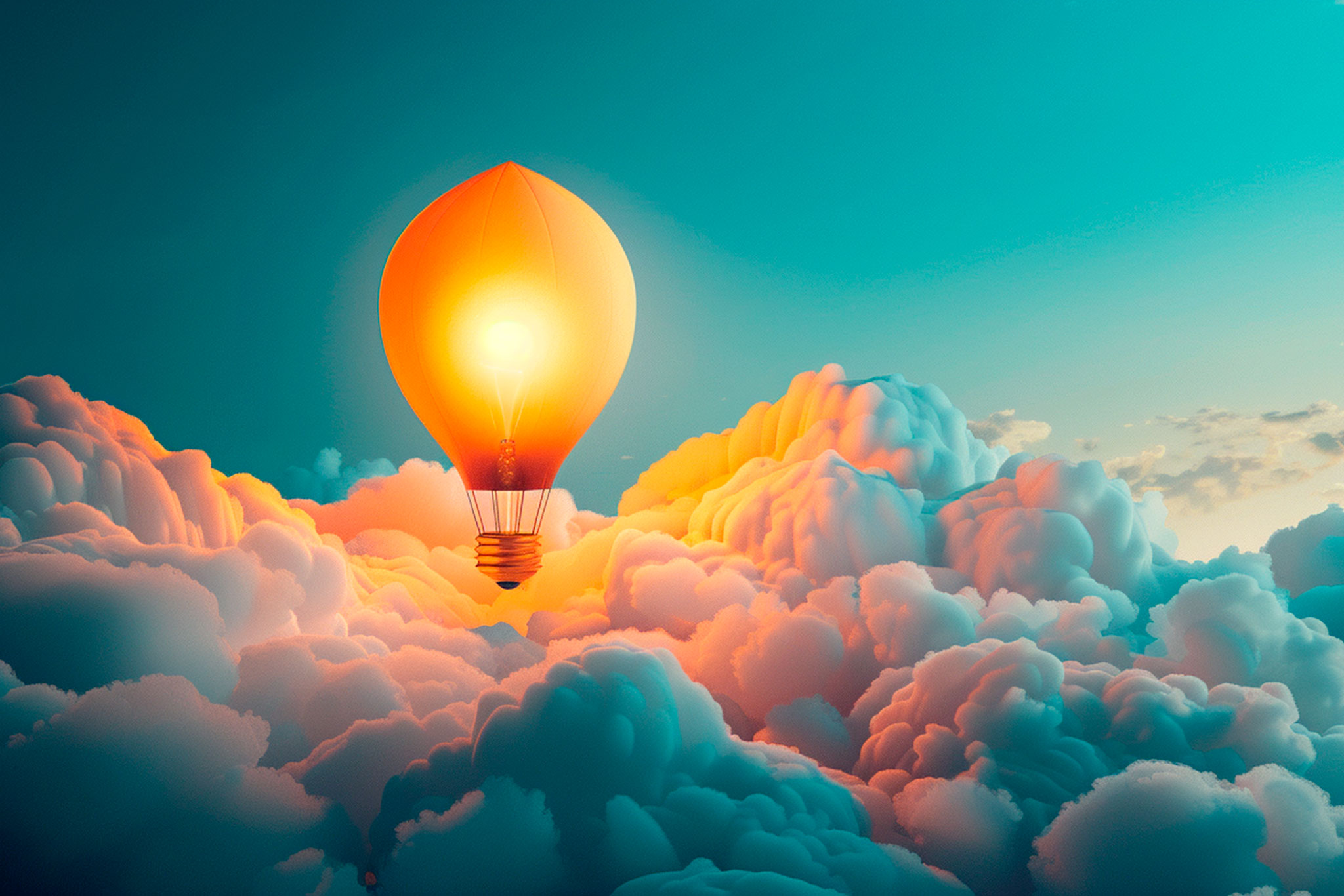 ilustración 3d de un globo aerostático con forma de bombilla, creado con inteligencia artificial